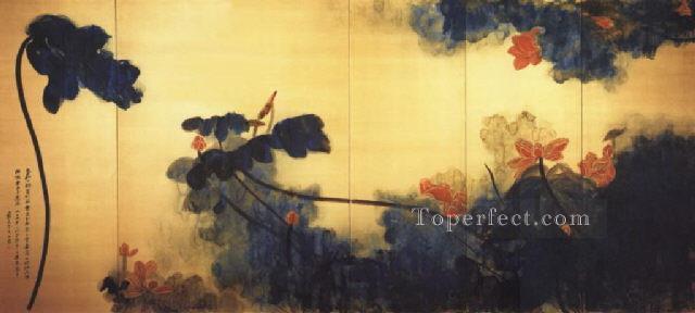 Chang dai chien crimson lotuses on gold screen traditional Chinese Oil Paintings